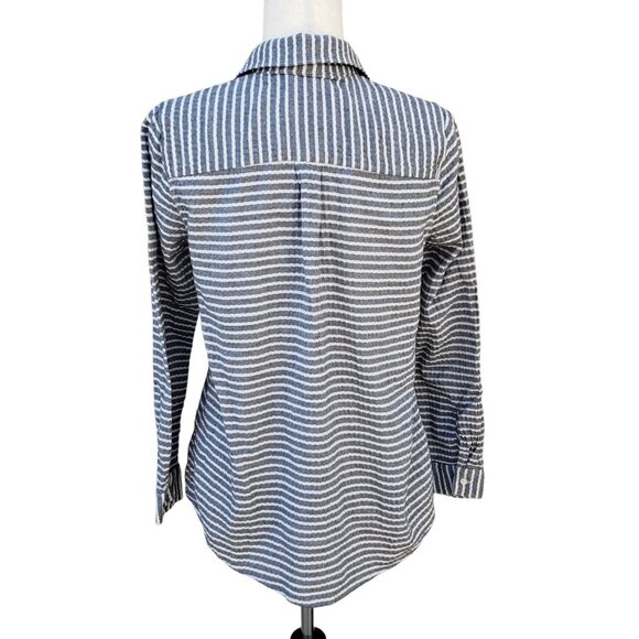 Madewell Gray and White Strip Long Sleeve Collared Shirt Half Button Front S - Picture 3 of 5